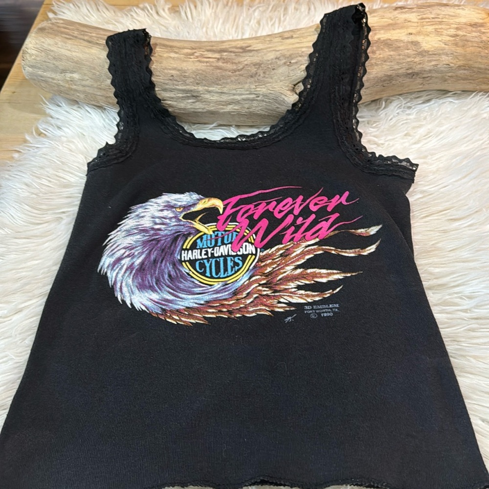 Rare Vintage 1990 Harley Davidson 3D emblem lace edge tank top